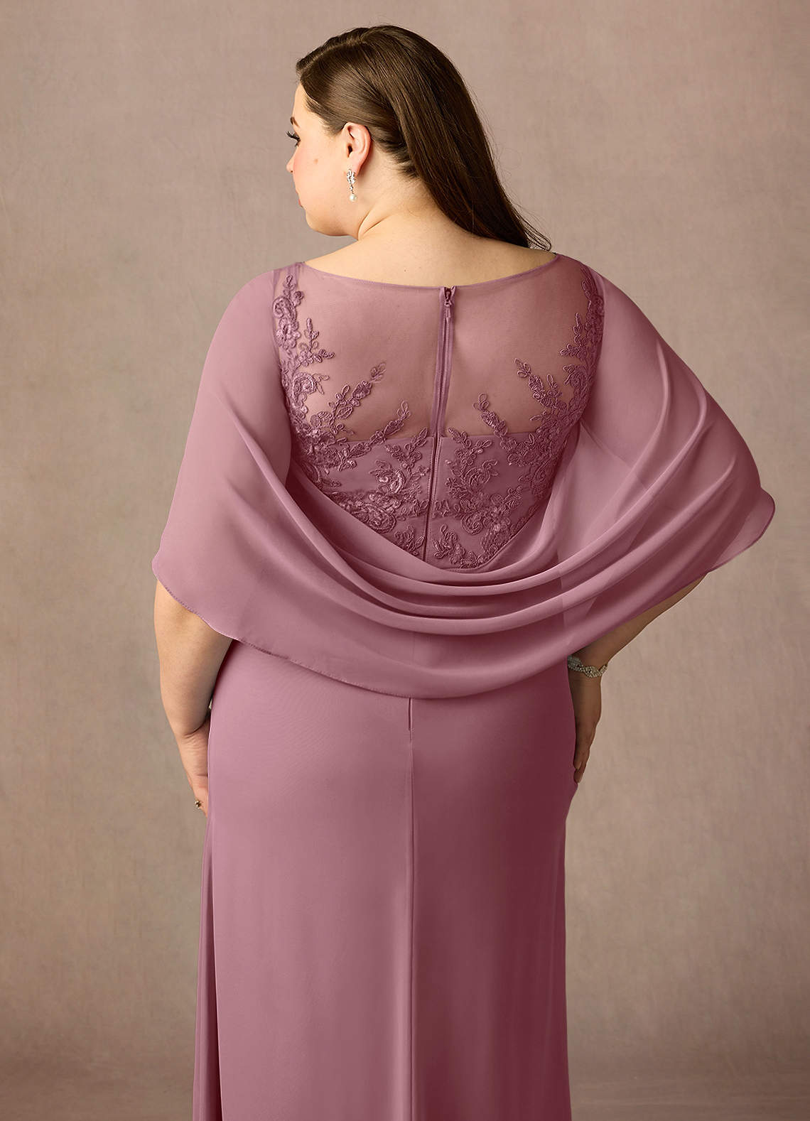 Azazie Hera Vintage Mauve A-Line Lace Capelet Chiffon Dress