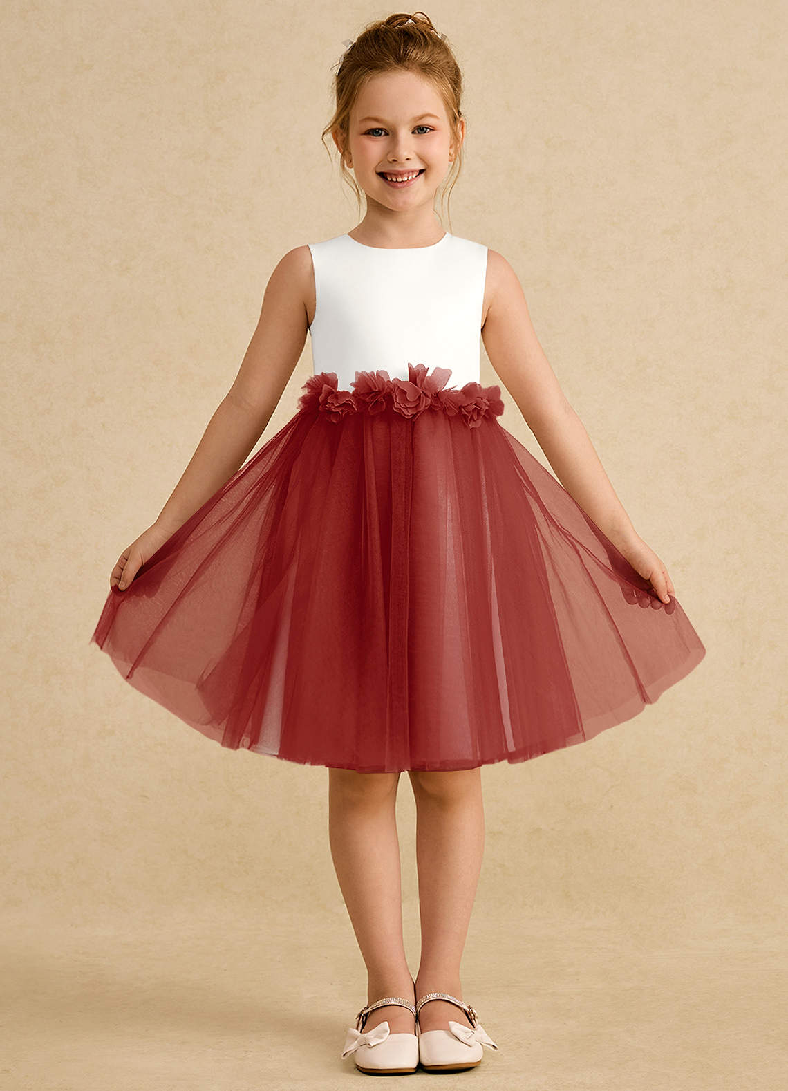 Azazie Louisa Flower Girl Dresses Ivory Terracotta A-Line Sleeveless Tulle Dress image1
