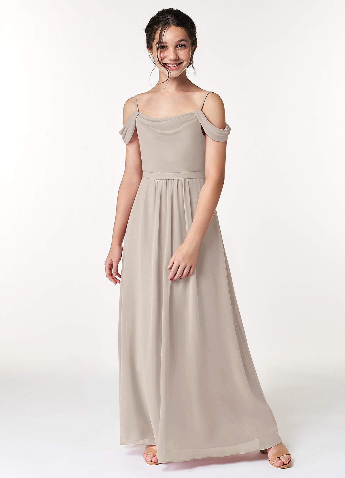 Azazie Alivia A-Line Off the Shoulder Chiffon Floor-Length Junior Bridesmaid Dress image1