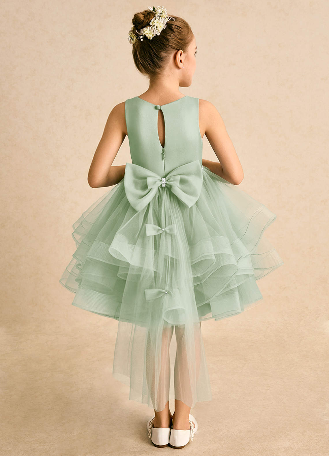 Azazie Ball-Gown Scoop Neck Knee-Length Tulle Flower Girl Dresses - Dusty Sage