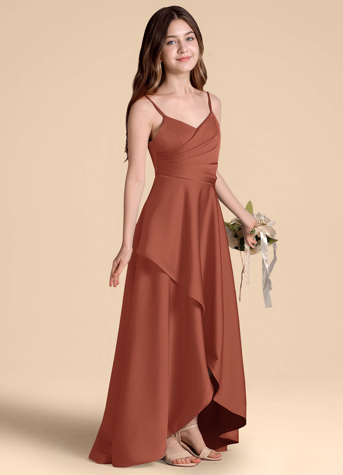 Azazie Prisha Junior Auburn A-Line Pleated Stretch Satin Dress image1