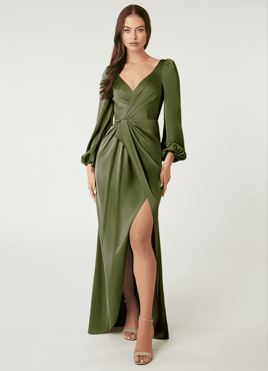 Azazie Mel Bridesmaid Dresses Olive Sheath Long Sleeve Stretch Satin Dress image1