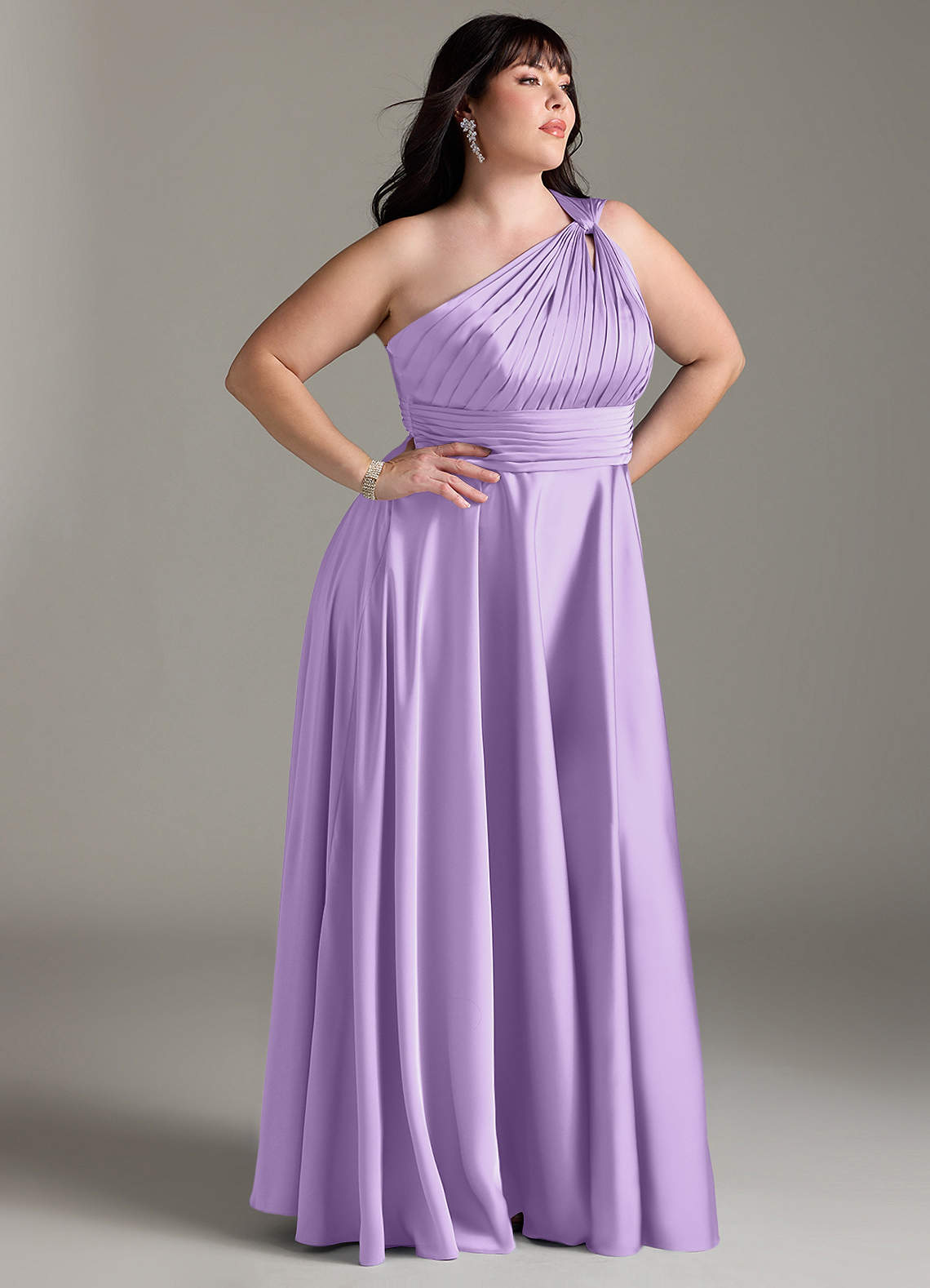 Azazie Charlize Bridesmaid Dresses Lilac A-Line One Shoulder Stretch Satin Dress image11