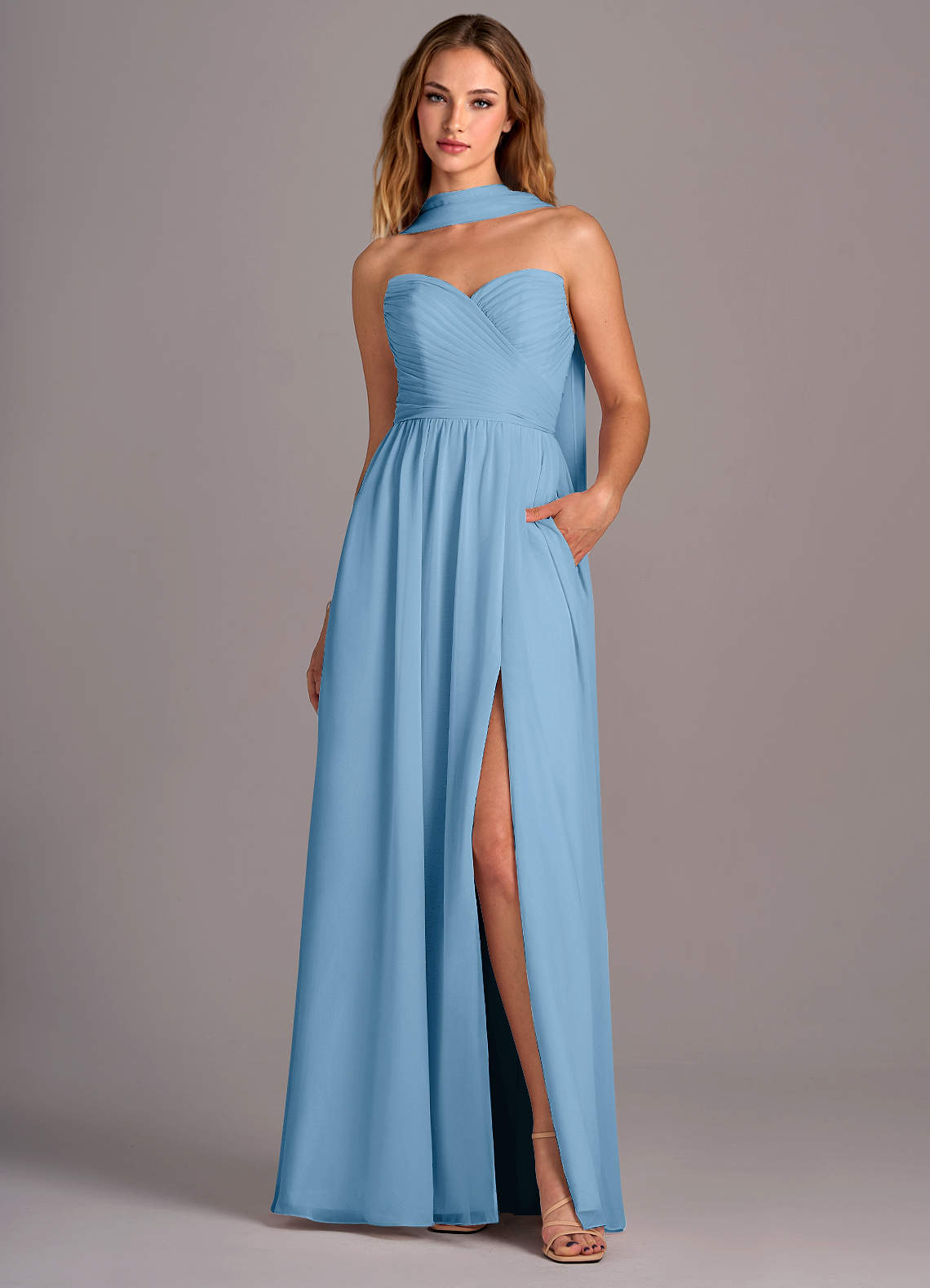 Azazie Joni Abiti da Damigella Abito Convertibile A-Line in Chiffon Senza Cinturino Blu Acciaio image1
