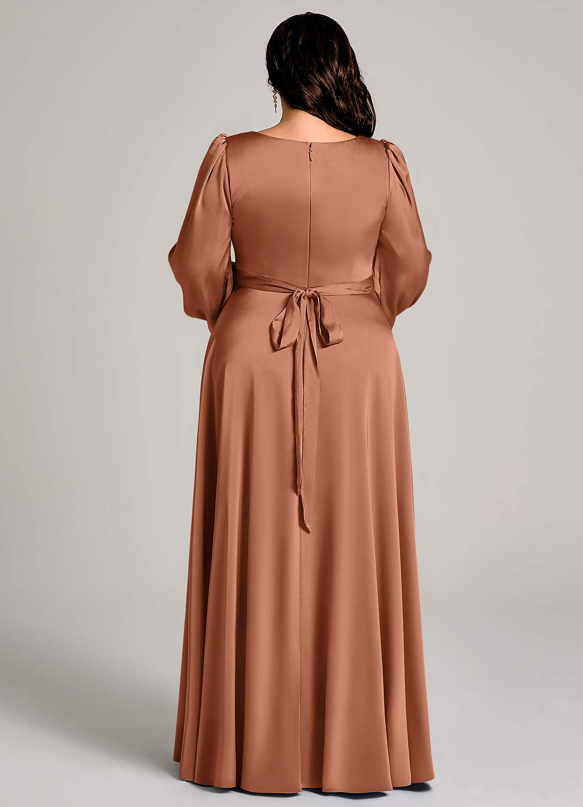 Azazie Leonia Jurken voor bruidsmeisjes Jurk van Stretch Satijn met A-Lijn Lange mouw Bronzeertint image12