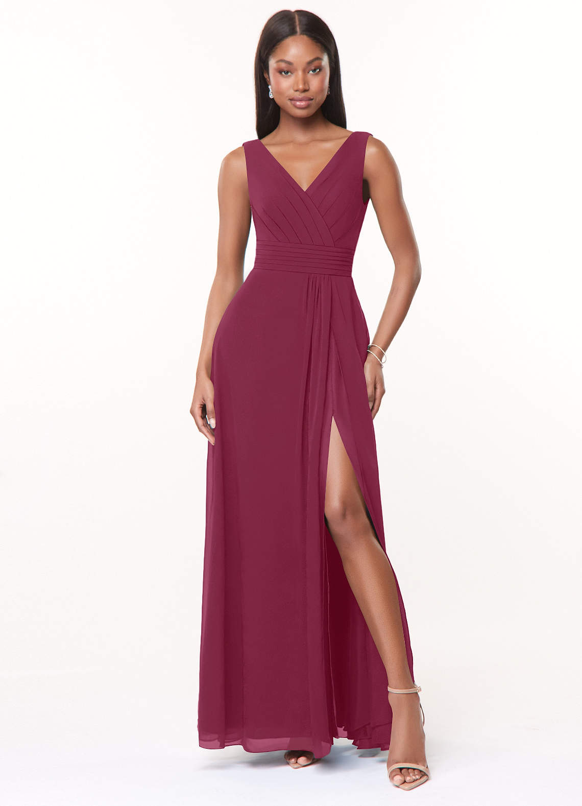 Azazie Karina At-home Try On Dresses Mulberry A-Line Pleated Chiffon Dress image1