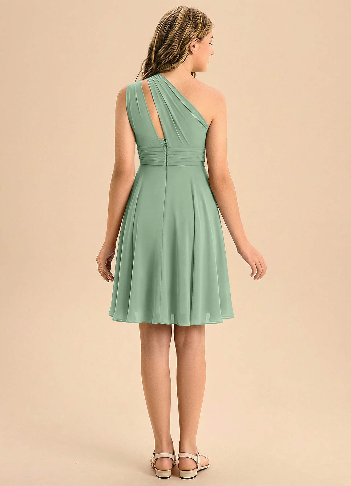 Azazie Charlize Junior Matcha A-Line Pleated Chiffon Dress image1