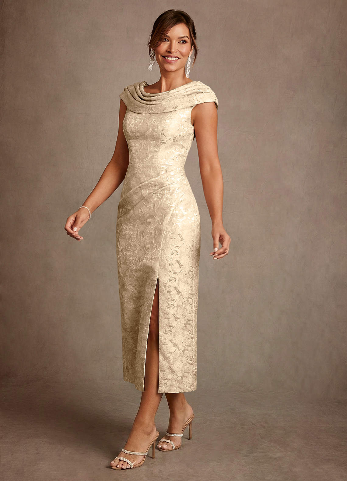 Azazie Alpine Champagne A-Line Pleated Floral Jacquard Dress