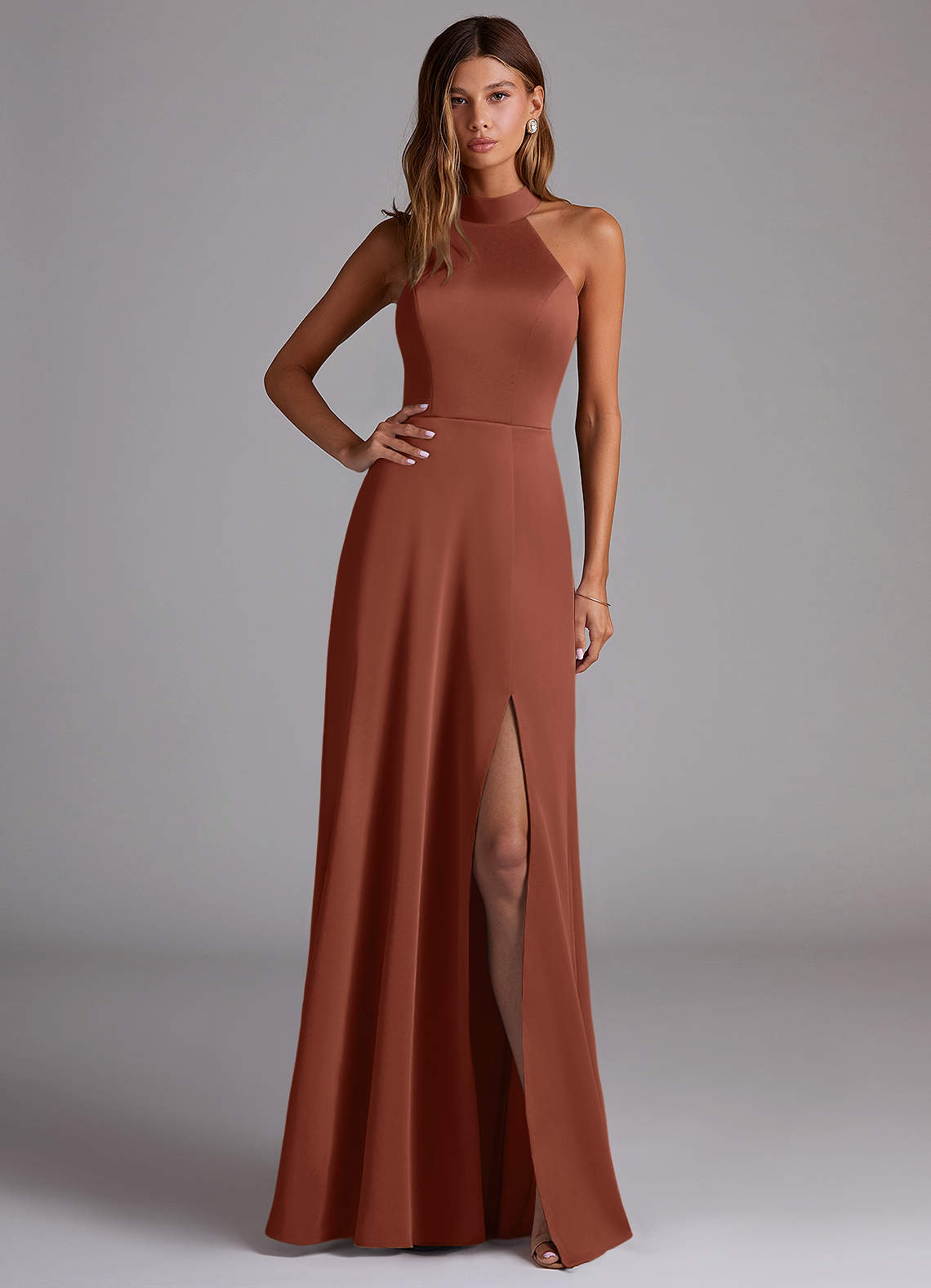 Azazie Myra Bridesmaid Dresses Clay A-Line Side Slit Stretch Satin Dress image1