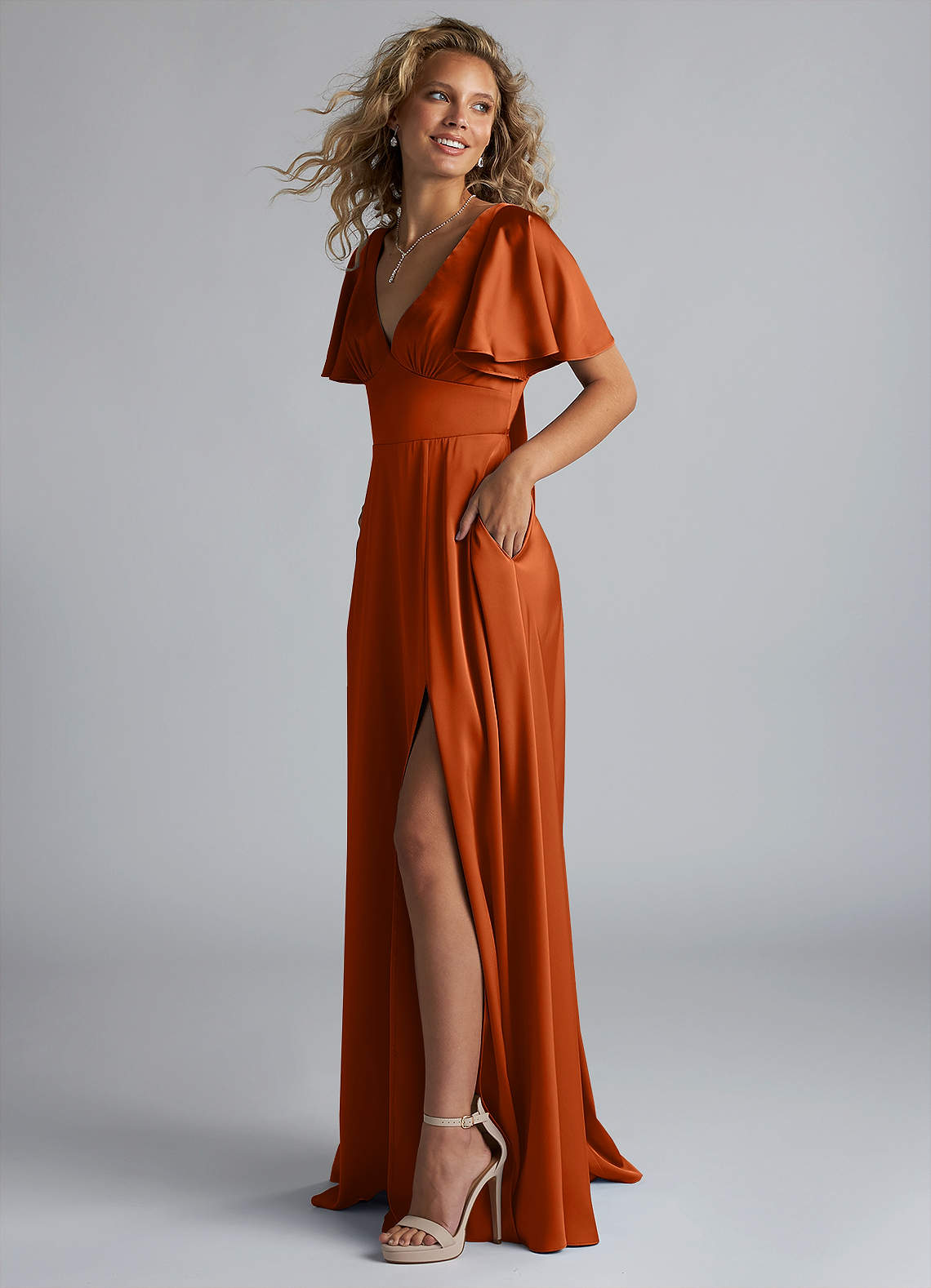 Azazie Kimber Bridesmaid Dresses Burnt Orange A-Line Ruched Stretch Satin Dress image5