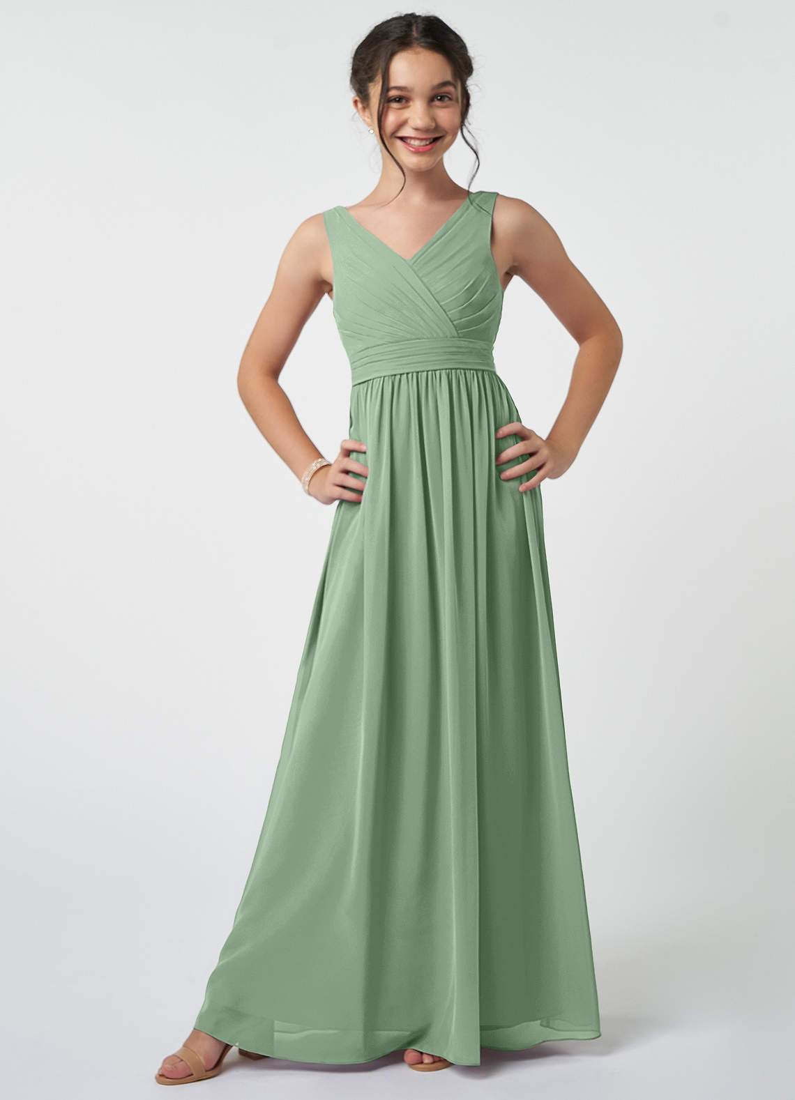 Azazie Kora Junior A-Linie Plissee Chiffon Kleid Matcha image1