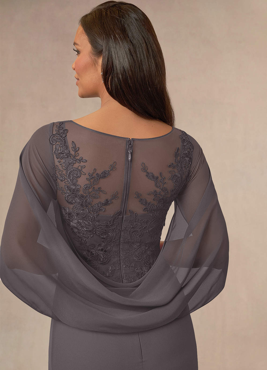 Azazie Hera Mother of the Bride Dresses Steel Grey A-Line Lace Capelet Chiffon Dress image3