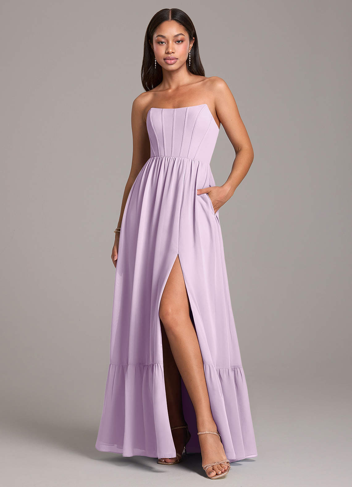Azazie Kailee Brautjungfernkleider A-Linie mit Taschen Chiffon Kleid Frostiges Flieder image1