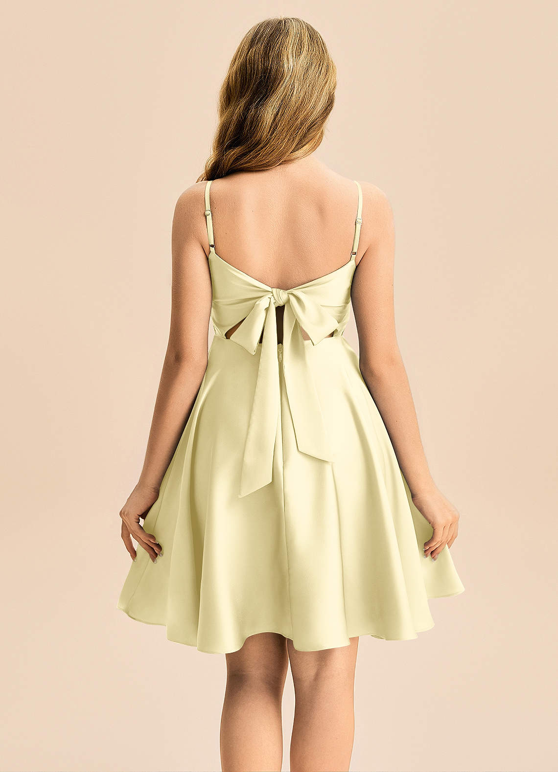 Azazie Miko Junior Vestido de Sorbete De Limón de Satén Elástico de Corte en A con Plisado image1