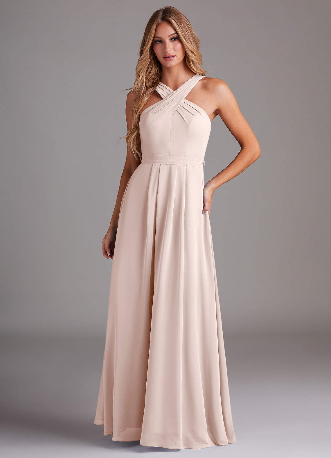 Azazie Dixie Bridesmaid Dresses Rose Petal A-Line Halter Pleated Chiffon Dress image1