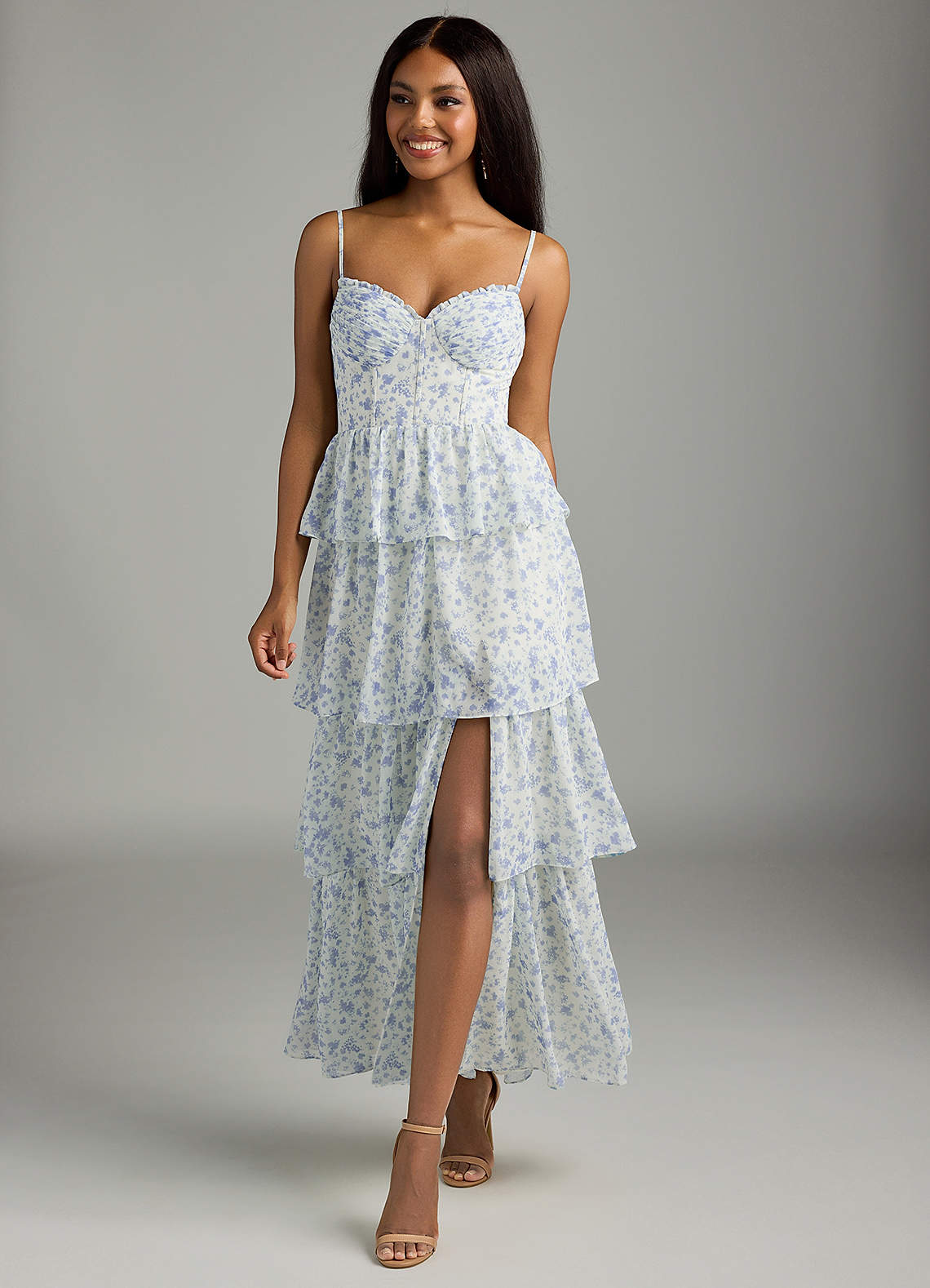 Azazie Kaiden Bridesmaid Dresses Blue And White Ditsy Floral A-Line Sweetheart Neckline Chiffon Dress image1
