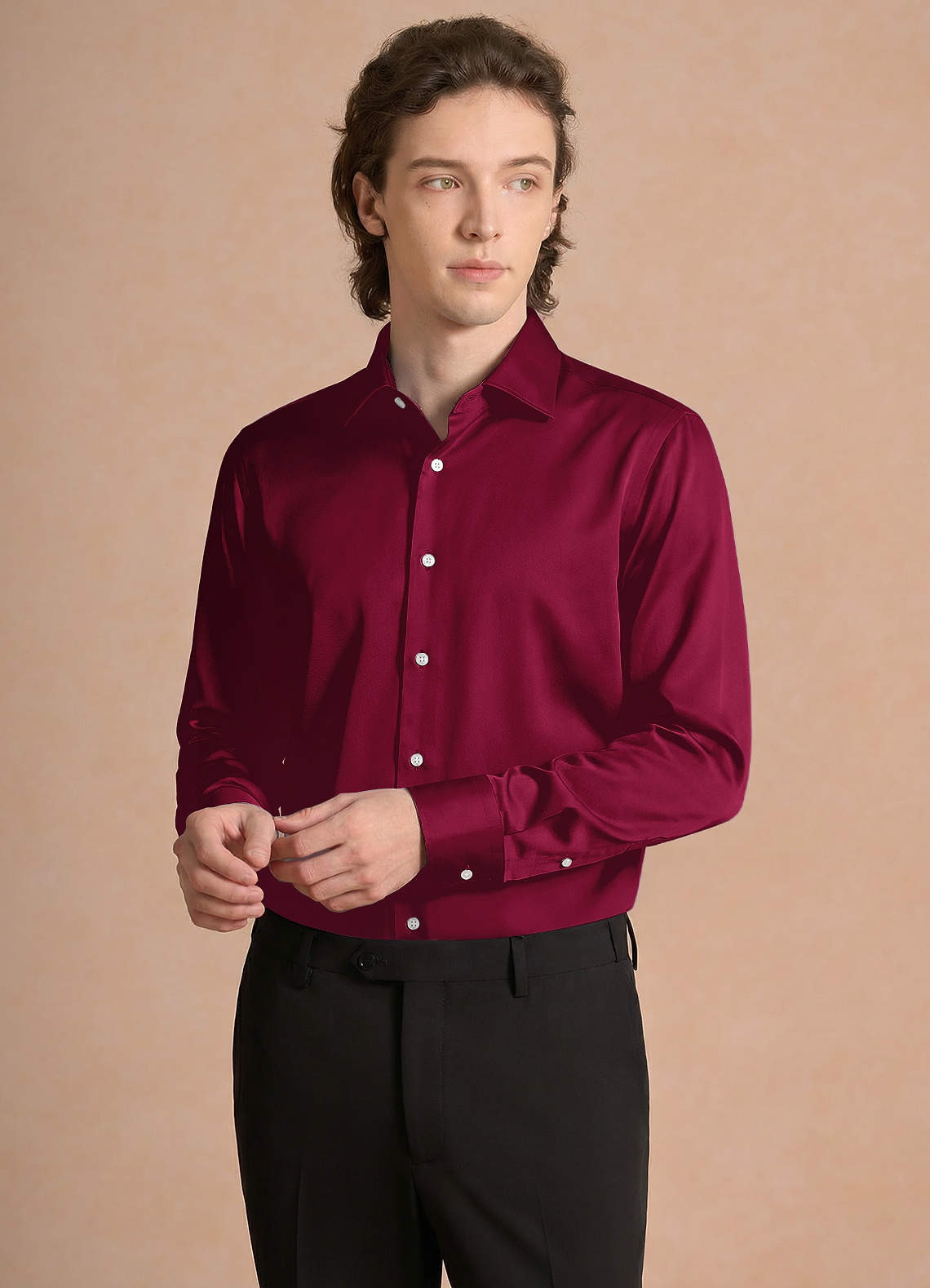 front Julian Burgundy Stretch Satin Dress Shirt