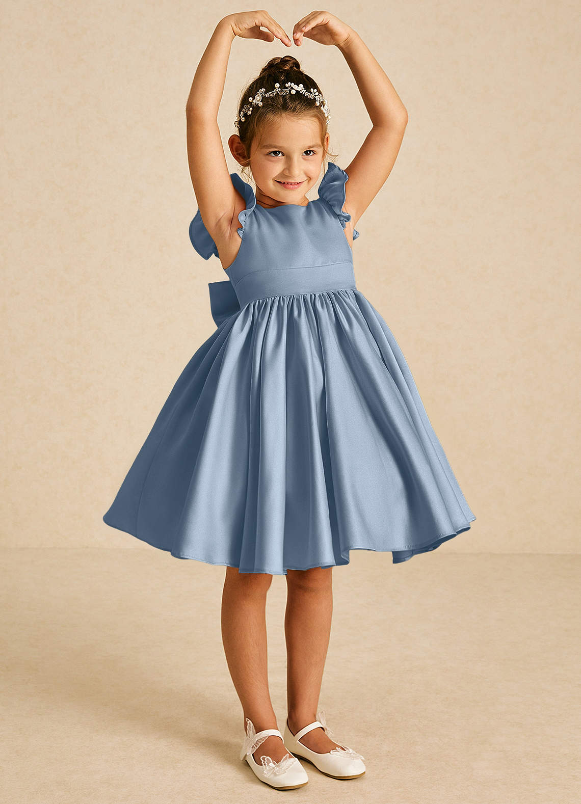 Azazie Tootsie Flower Girl Dresses Dusty Blue A-Line Bow Matte Satin Dress image1