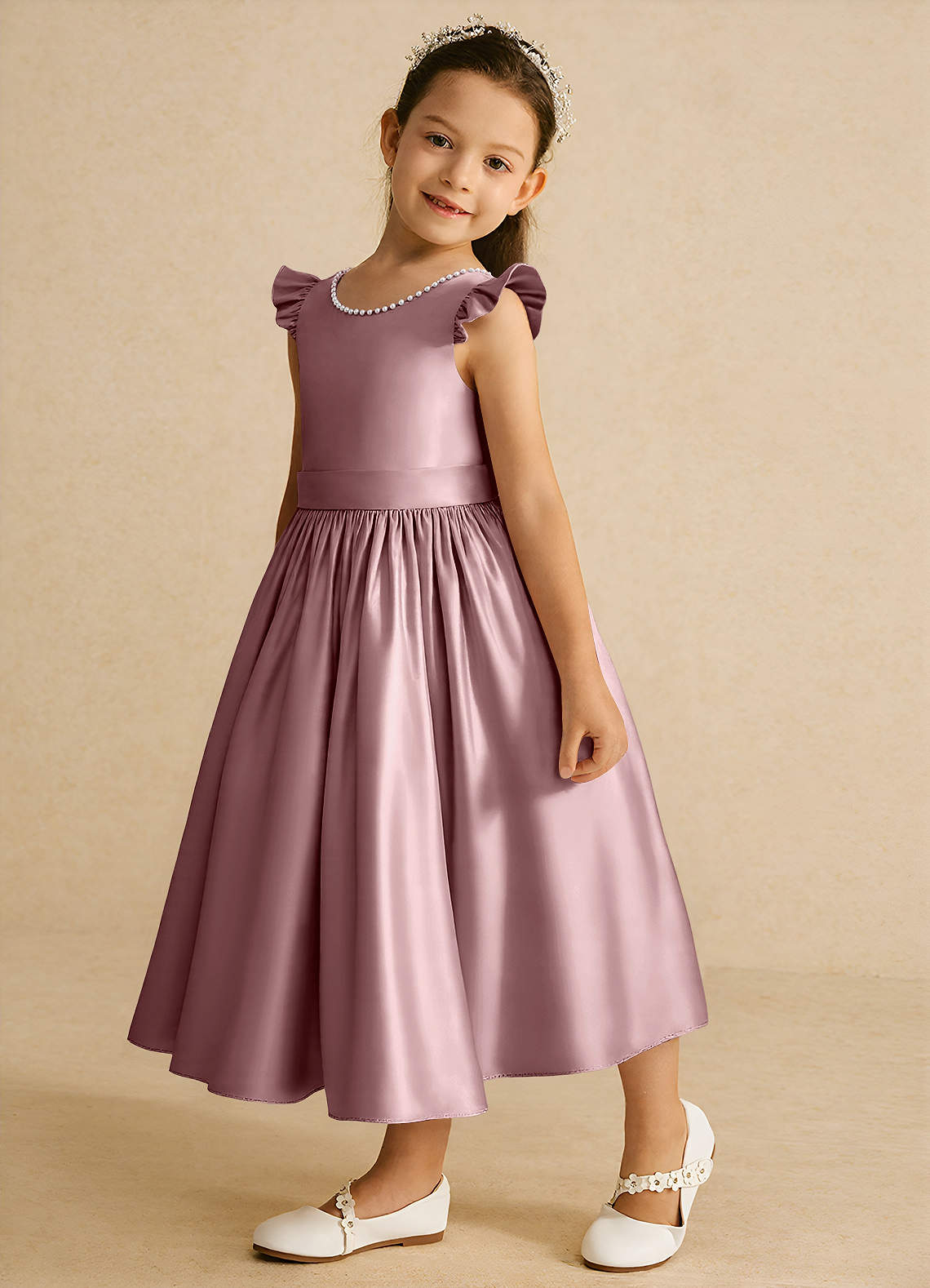 Azazie Dumpling Flower Girl Dresses Dusty Rose A-Line Bow Matte Satin Dress image3