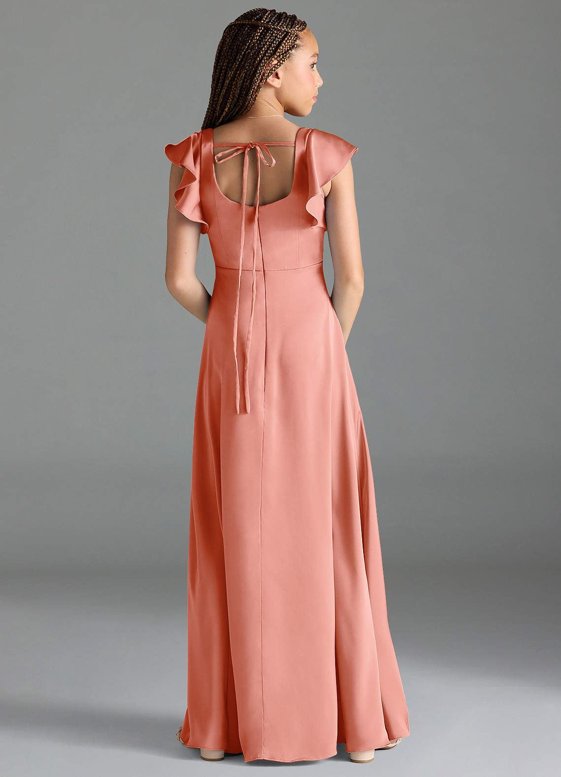 Azazie Bondi Junior Vestido Coral de Cetim elástico de Linha A com Fenda Lateral image1