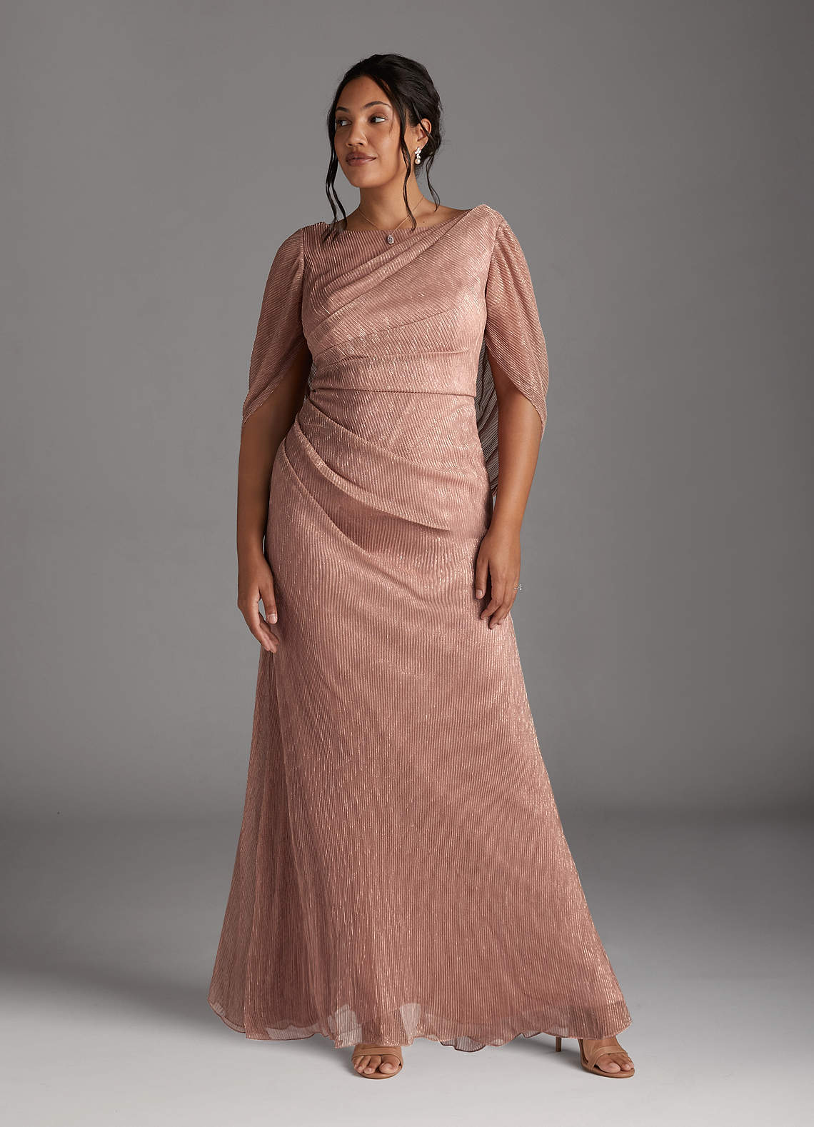 Azazie Paige Mother of the Bride Dresses Rose Gold Sheath Pleated Cape Metallic Mesh Dress image5