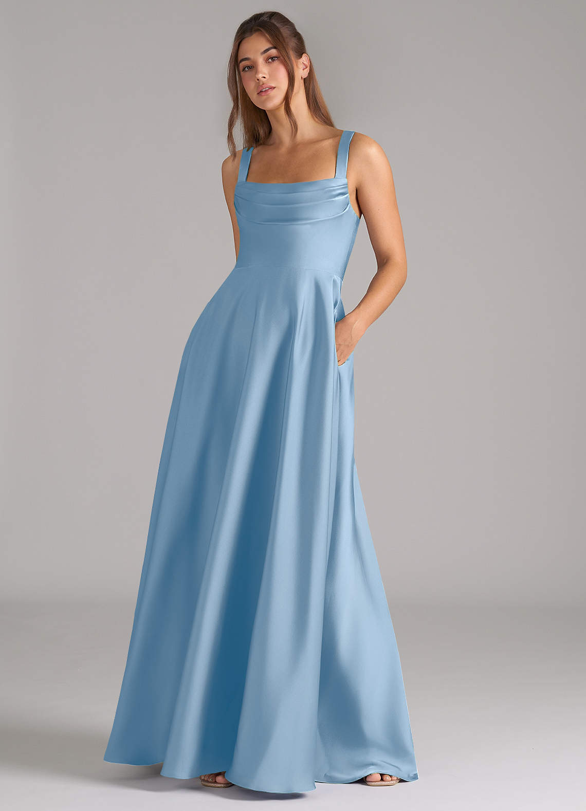 Azazie Shaude Bridesmaid Dresses Powder Blue A-Line Pleated Stretch Satin Dress image3