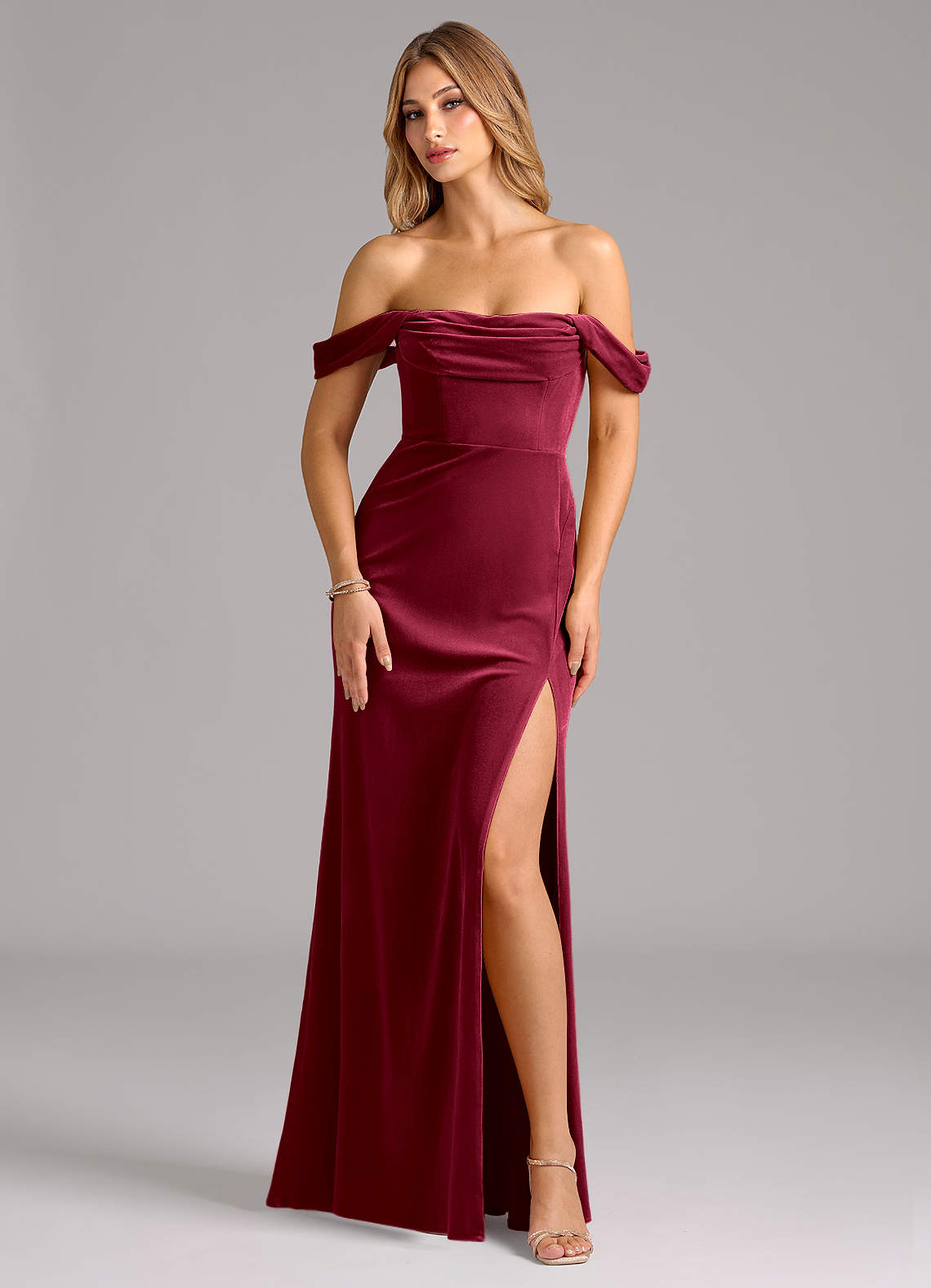 Azazie Saige Bridesmaid Dresses Burgundy Sheath Off the Shoulder Velvet Convertible Dress image1