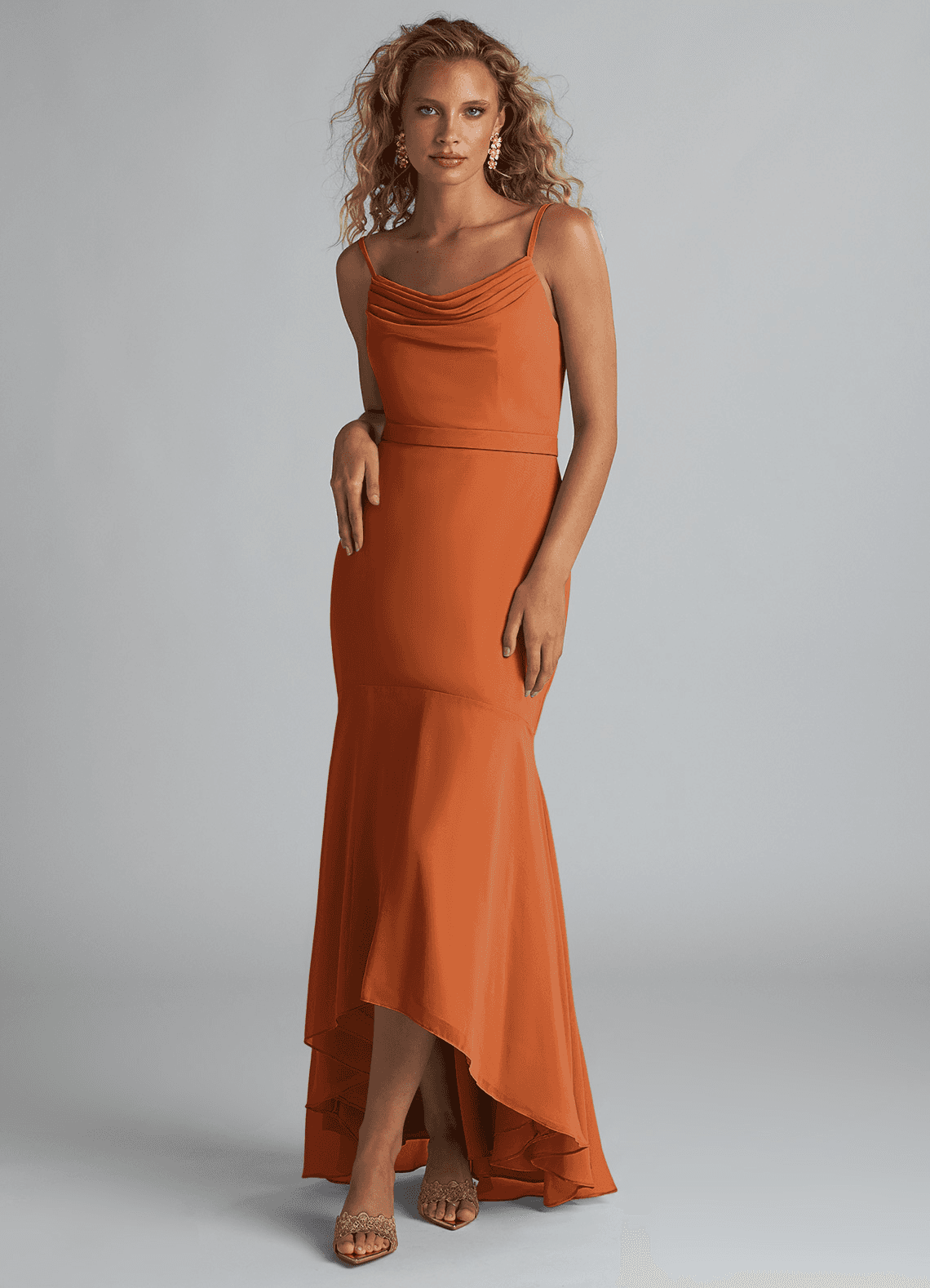 Azazie Summer Bridesmaid Dresses Cinnamon Mermaid Scoop Cowl Chiffon Dress image1