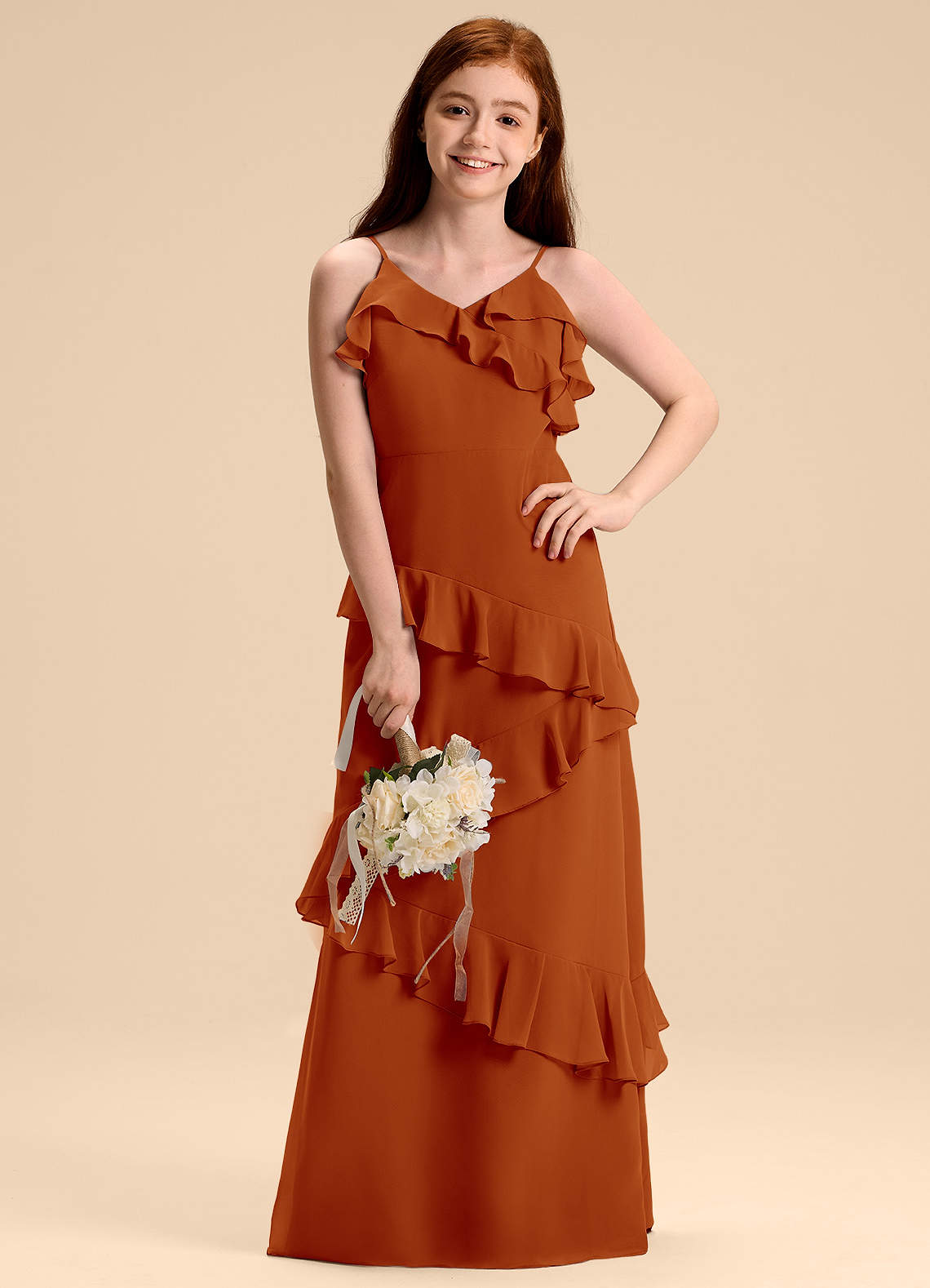 Azazie Evara Junior Abito A-Line in Chiffon Paprika image1