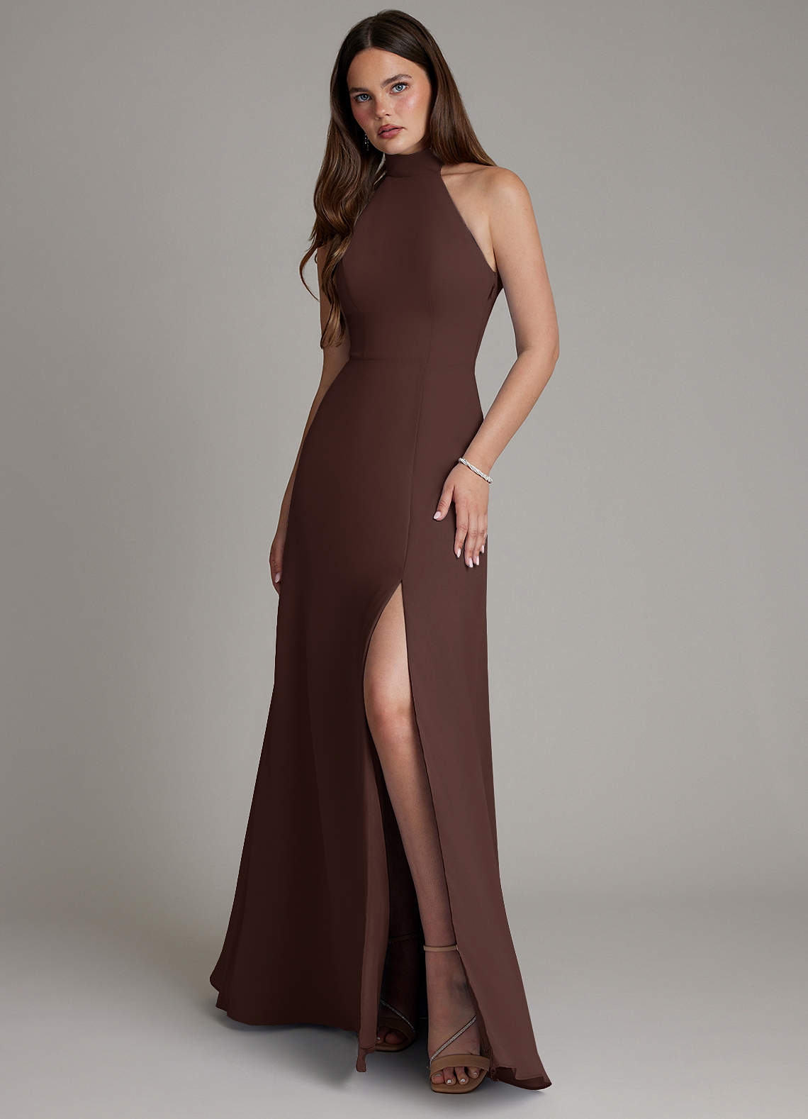 chiffon high-neck a-line bridesmaid dress Wedtrend Women A Line High Neck Pleated Long Chiffon Bridesmaid Dress with Ruffles Formal Dress, Dusty Rose