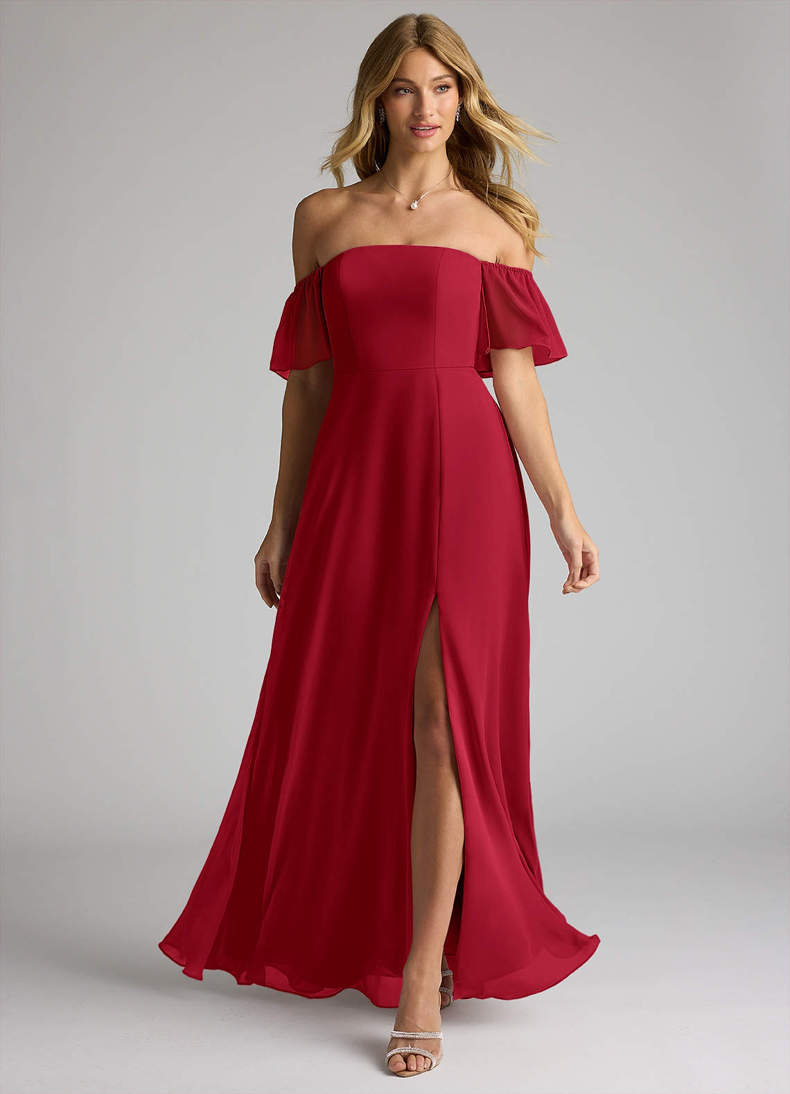 Azazie Sue Bridesmaid Dresses Scarlet A-Line Off the Shoulder Chiffon Convertible Dress image1