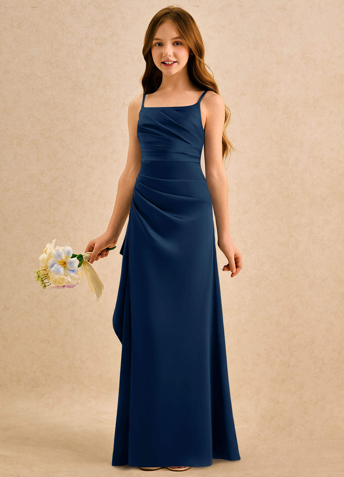 Azazie Cannoli Girls Formal Jurken voor bloemenmeisjes A-Lijn Jurk van Stretch Satijn Geplooid Donkere Marine image3