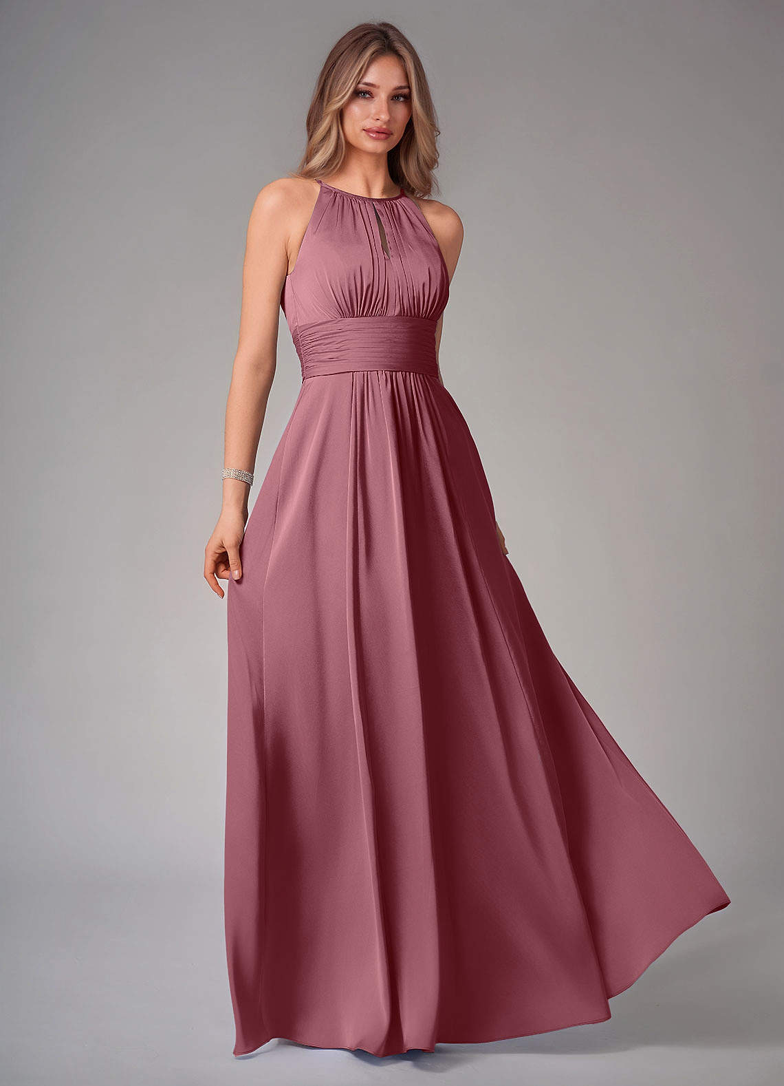 Azazie Bonnie Brautjungfernkleider A-Linie Plissee Stretch-Satin Kleid Wüstenrose image1