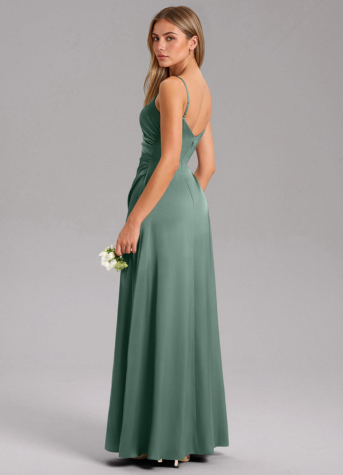 Azazie Azuree Vestidos de madrinha de casamento Vestido Eucalipto de Cetim elástico de Linha A com Plissado image12