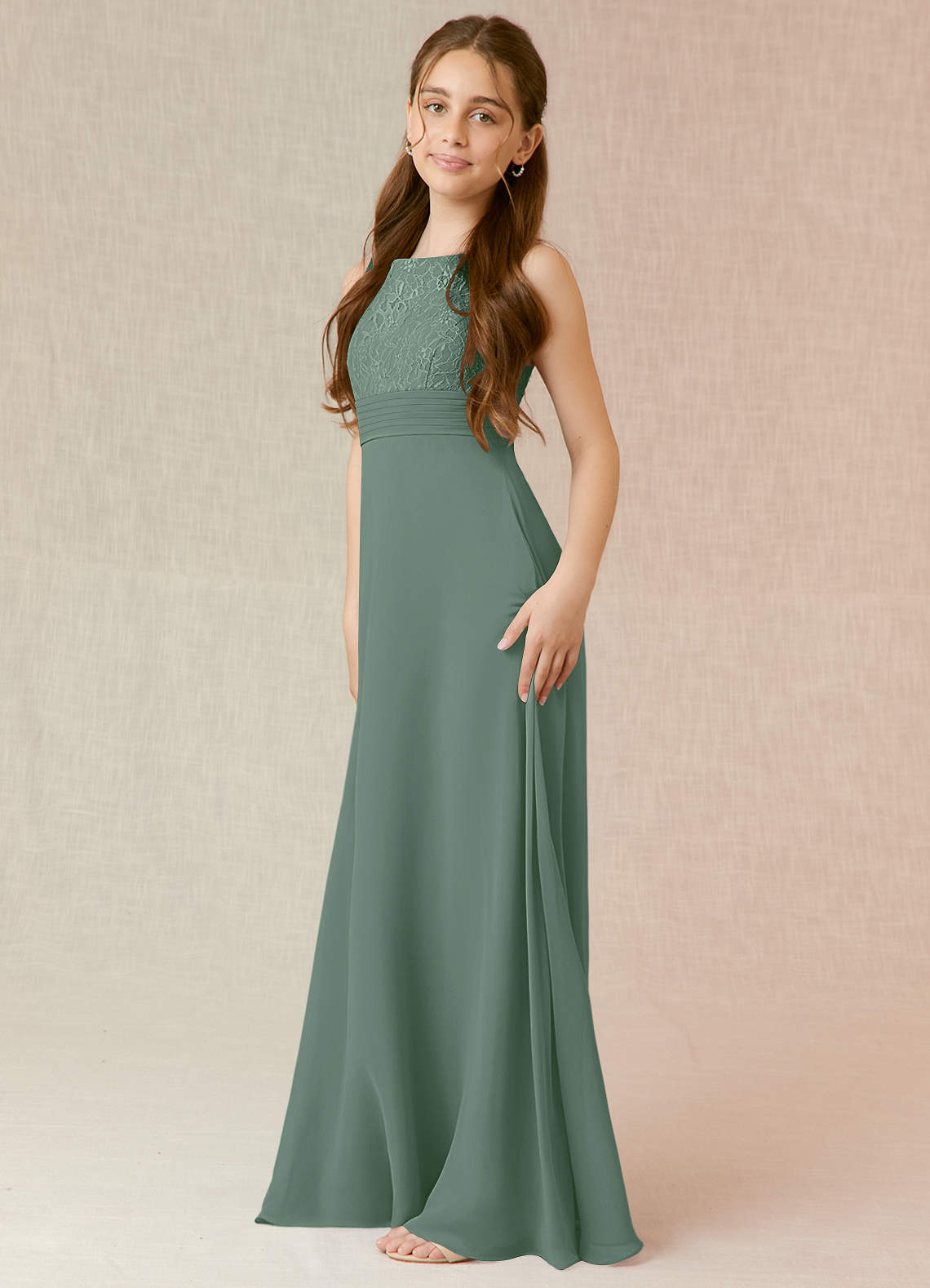 Azazie Snow Junior Eucalyptus A-Line Lace Chiffon Dress image2