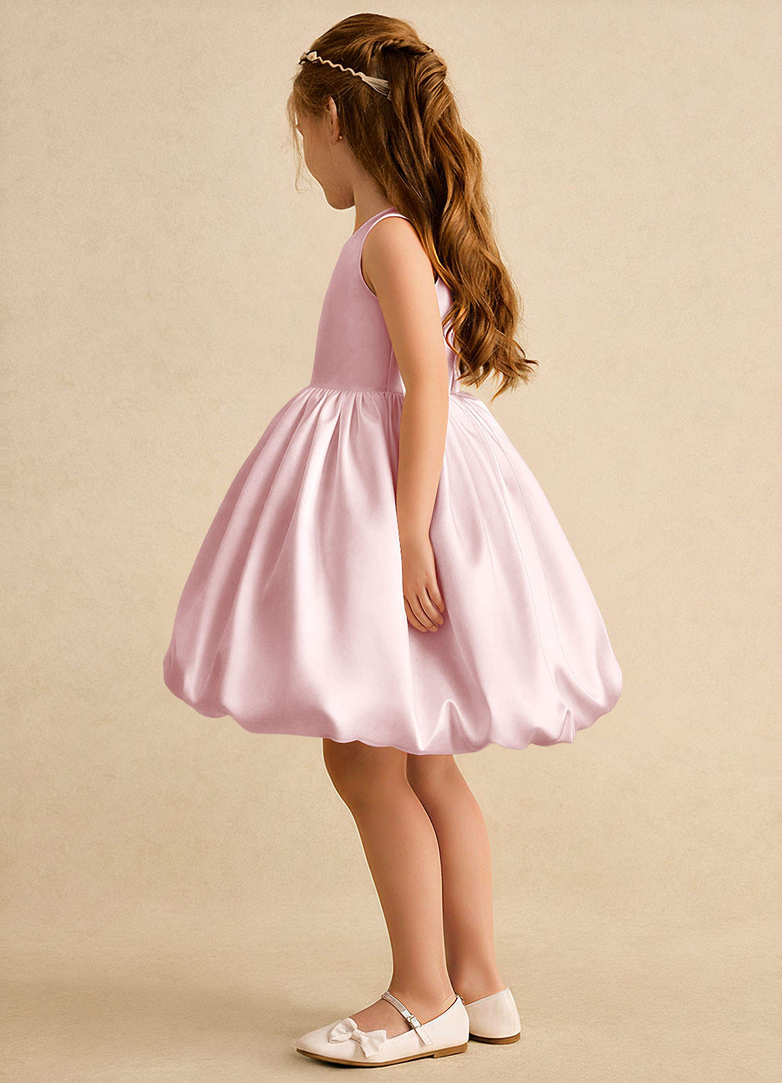 Azazie Nirvana Robe Demoiselle D'honneur Fillette Robe Princesse en Mat Satiné Rayé Rose Poudré image3