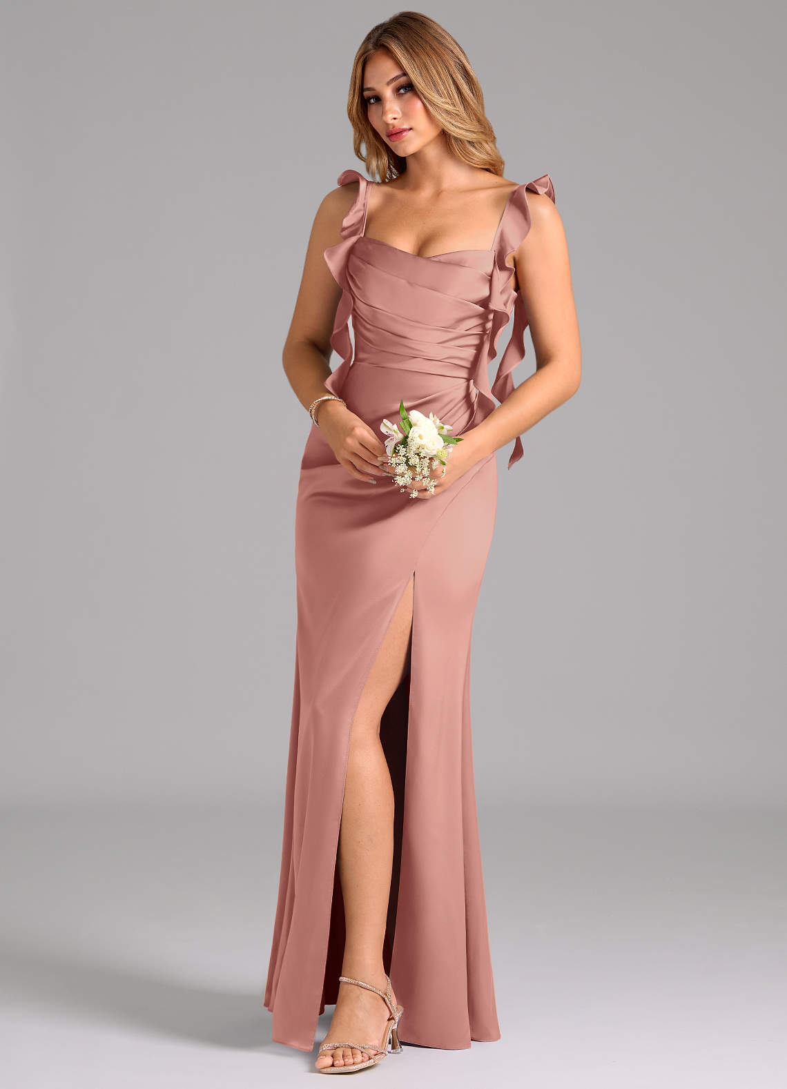Azazie Jessamine Bridesmaid Dresses Rosette A-Line Corset Stretch Satin Dress image1