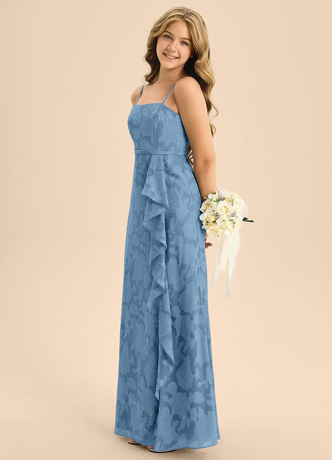 Azazie Kaylee Junior Vestido de Azul Acero de Devorado Floral de Corte En A con Con cinturón image4