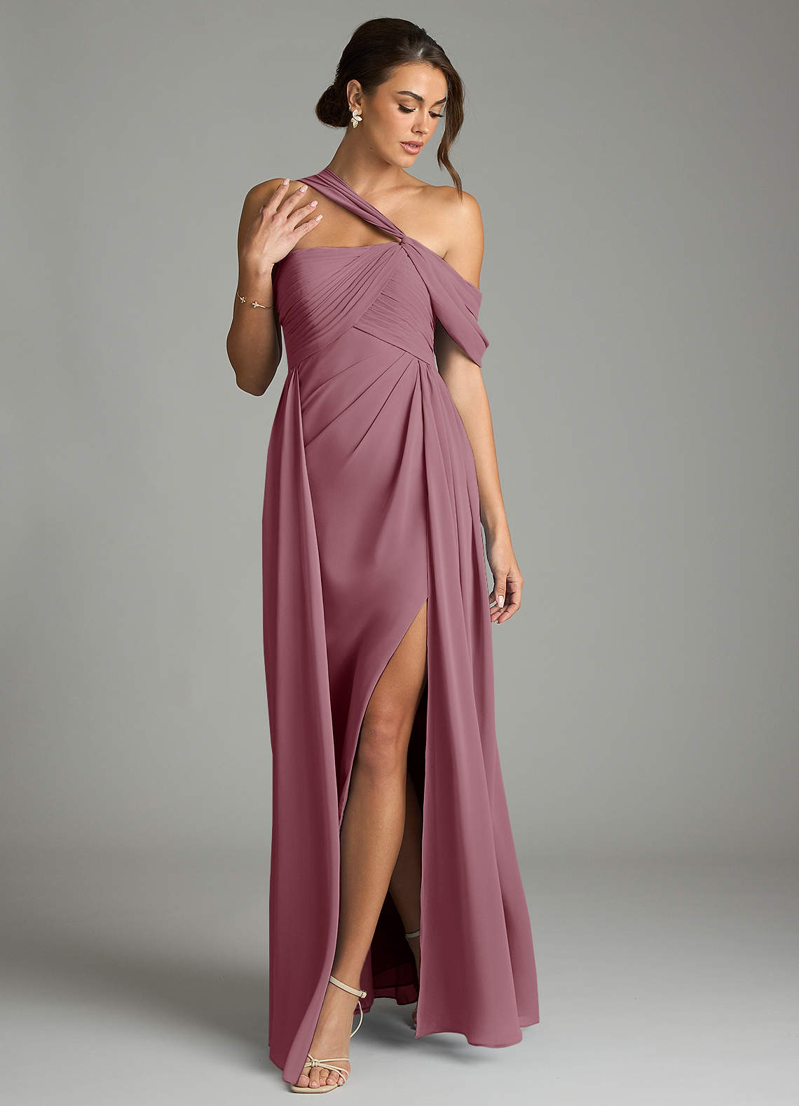 azazie mauve bridesmaid dresses Kassandra V Neck Hawaiian Wedding F19 Made from chiffon Style:EE01999BK