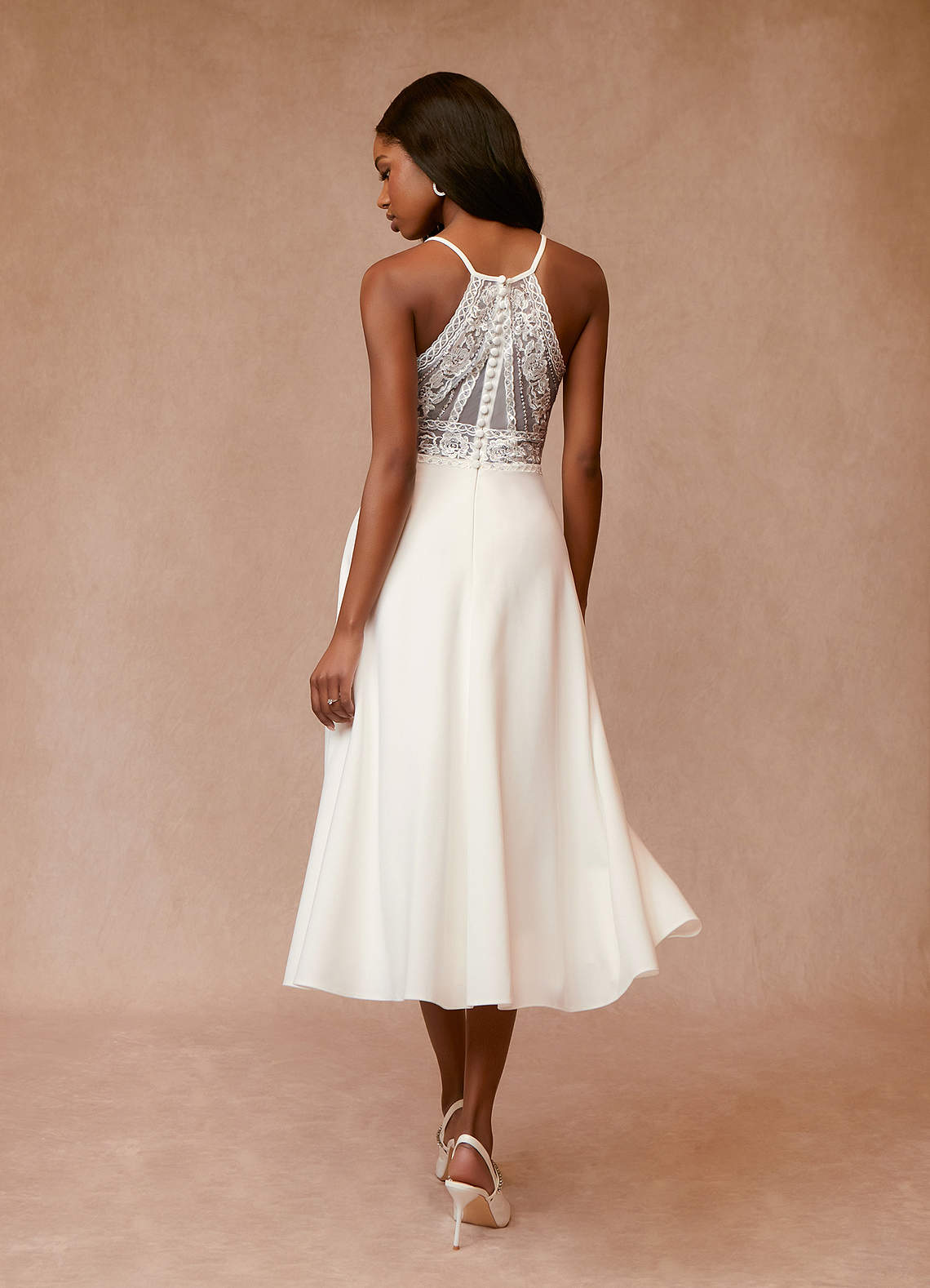 Azazie Minerva Wedding Dresses A-Line Sequins Stretch Crepe Tea-Length Dress image1