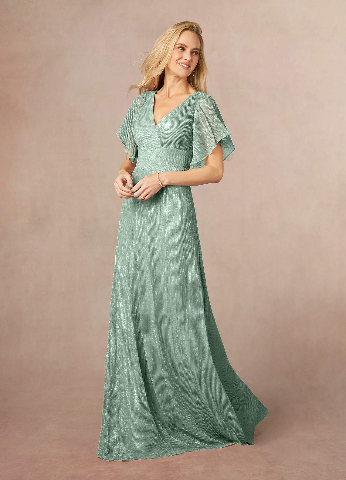 Azazie Kathryn Mother of the Bride Dresses Aquamarine A-Line V-Neck Flutter Sleeve Metallic Mesh Dress image1
