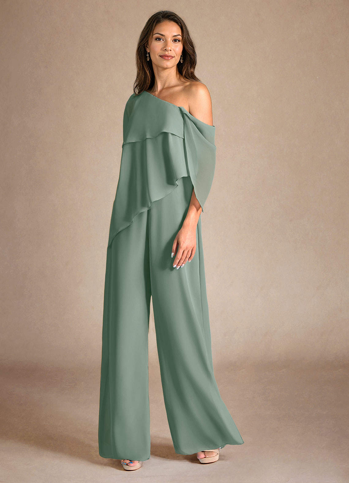 Azazie Halima Vestidos para mãe da noiva Vestido Sálvia Prateada de Chiffon de Macacão/terninho com Fenda Lateral image1