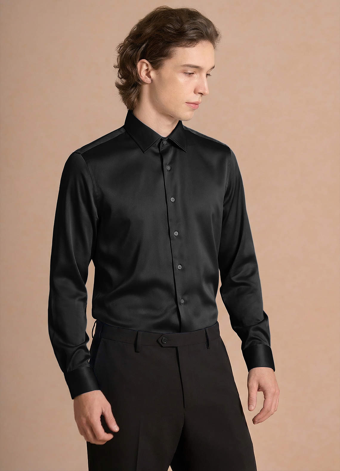 front Julian Black Stretch Satin Dress Shirt
