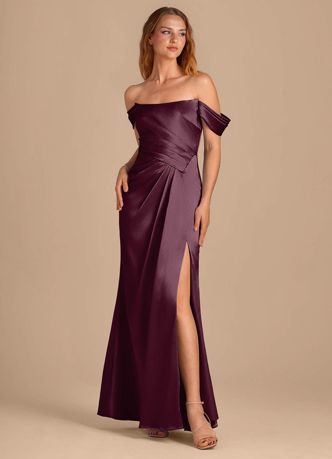Azazie Shea Bridesmaid Dresses Cabernet Mermaid Off the Shoulder Metallic Satin Convertible Dress image1