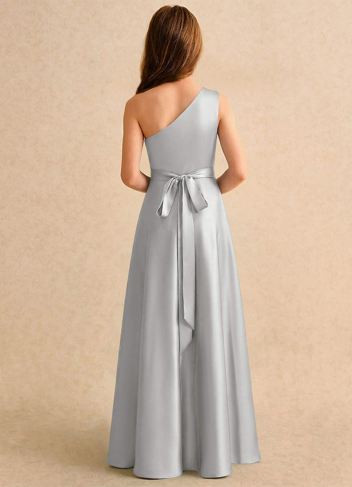 Azazie Puddles Girls Formal Robe Demoiselle D'honneur Fillette Robe Trapèze en Satin extensible Une épaule Argent image1
