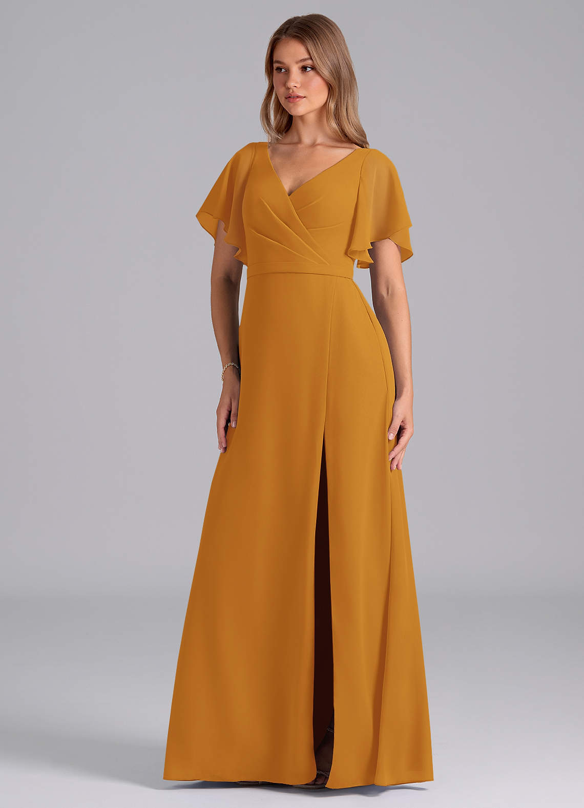 Azazie Ambrosia Bridesmaid Dresses Butterscotch A-Line Pleated Chiffon Dress image1