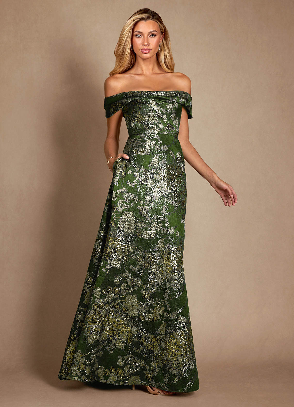 Azazie Marceline Mother of the Bride Dresses Matcha Green A-Line Off the Shoulder Jacquard Dress image1