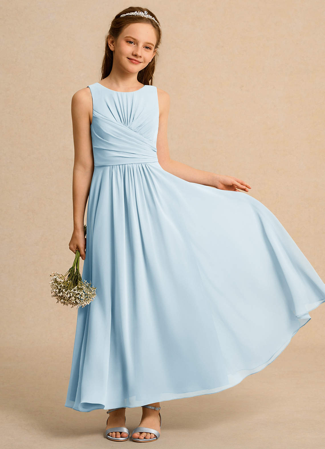 Azazie Ducky Junior Formal Blumenmädchenkleider A-Linie Plissee Chiffon Kleid Himmelblau image1