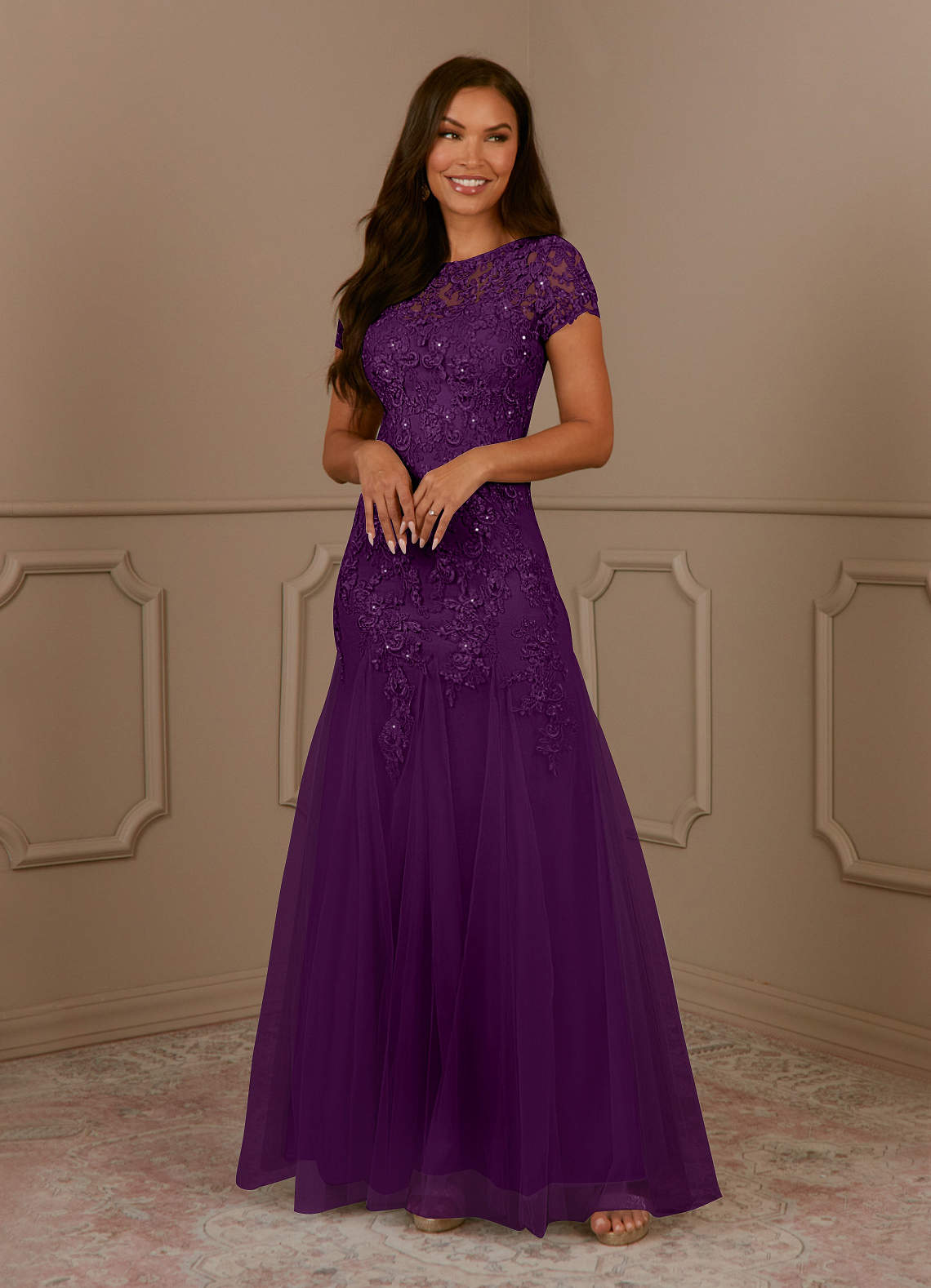 Azazie Laurie Mother of the Bride Dresses Grape Mermaid Scoop Sequins Tulle Dress image3