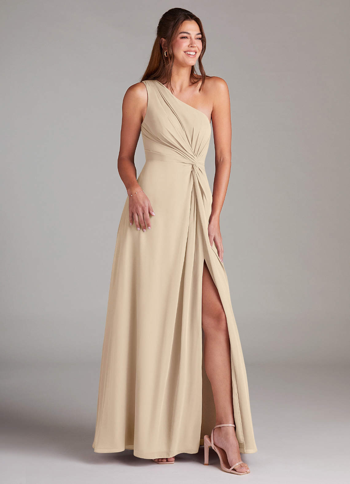 Azazie Brooke Bridesmaid Dresses Champagne A-Line One Shoulder Chiffon Dress image3